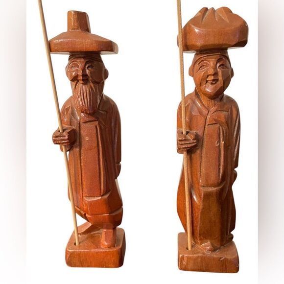 HAND CARVED WOODEN ASIAN FIGURES, set of 2 - Picture 1 of 6